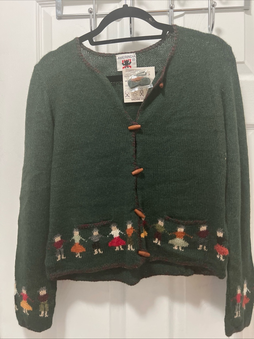 Alpaca Wool Dark Green Open-Front Knit Cardigan Wooden Toggle Buttons Folk Art